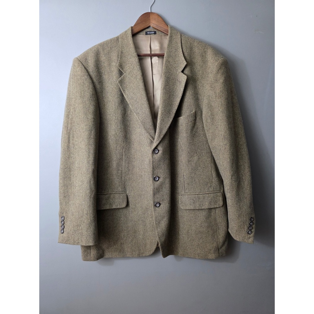 Robert Stock Mens 46R Wool Camel Hair Blend Blazer Sport Coat Brown Houndstooth